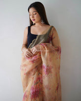 Light Flower Brown Pure Organza Saree